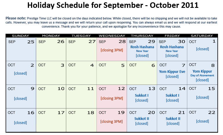 Holiday schedule for September - October 2011