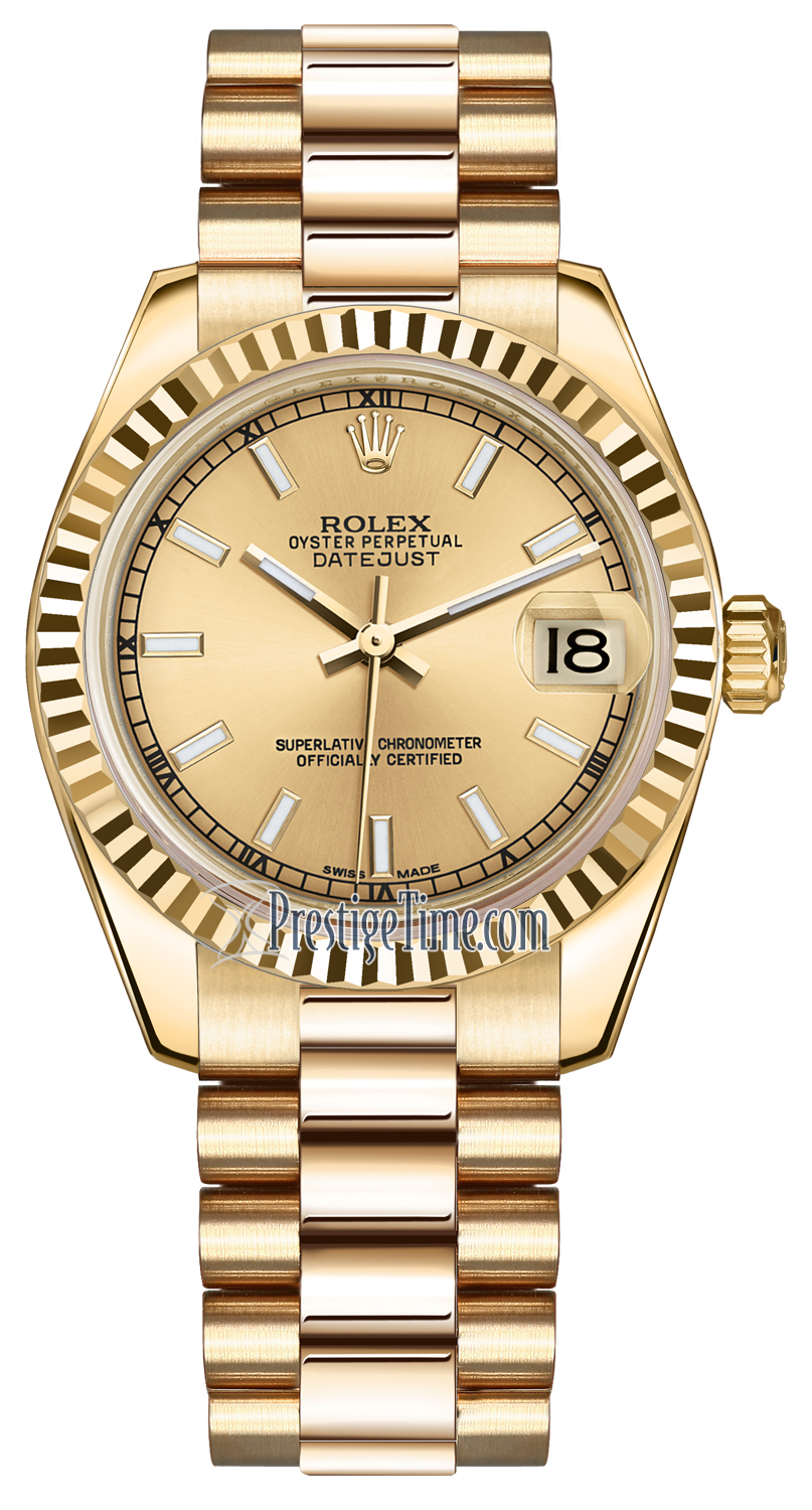 178278 Champagne Index President Rolex Datejust 31mm Yellow Gold Ladies ...