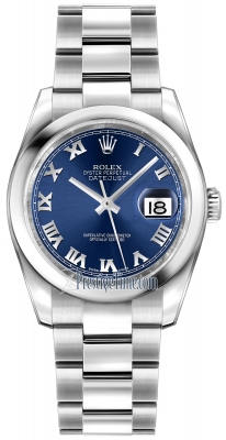 116200 Blue Roman Oyster Rolex Datejust 36mm Stainless Steel Midsize Watch