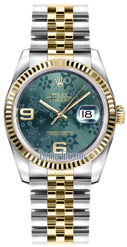 Rolex Datejust Gold Steel Green Floral Dial 16233 Oyster Watch