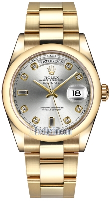 Rolex Day-Date 36mm Yellow Gold Domed Bezel 118208 Silver Diamond Oyster