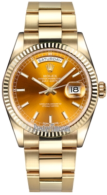 Rolex Day-Date 36mm Yellow Gold Fluted Bezel 118238 Cognac Index Oyster