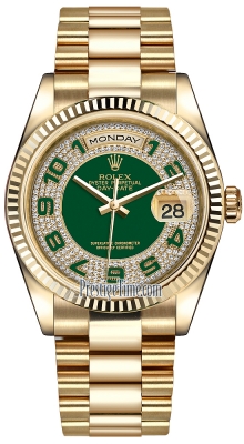 Rolex Day-Date 36mm Yellow Gold Fluted Bezel 118238 Green Pave Diamond Arabic President