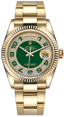 Rolex Day-Date 36mm Yellow Gold Fluted Bezel 118238 Green Pave Diamond Arabic Oyster