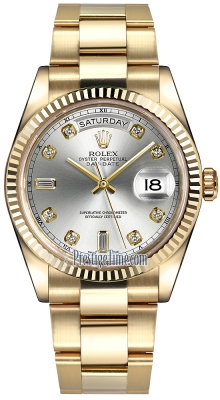 Rolex Day-Date 36mm Yellow Gold Fluted Bezel 118238 Silver Diamond Oyster