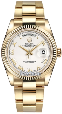 Rolex Day-Date 36mm Yellow Gold Fluted Bezel 118238 White Roman Oyster