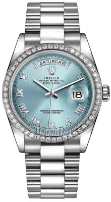 Rolex Day-Date 36mm Platinum Diamond Bezel 118346 Ice Blue Roman President