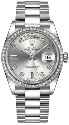Rolex Day-Date 36mm Platinum Diamond Bezel 118346 Silver Diamond President