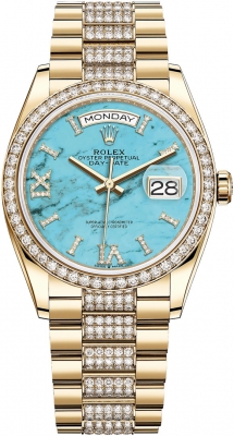 Rolex Day-Date 36mm Yellow Gold 128348RBR Turquoise DB