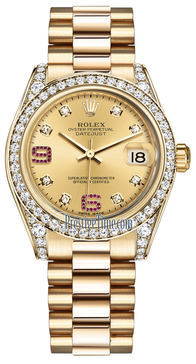178158 Champagne 8 Diamond 32 Ruby President Rolex Datejust 31mm Yellow  Gold Ladies Watch