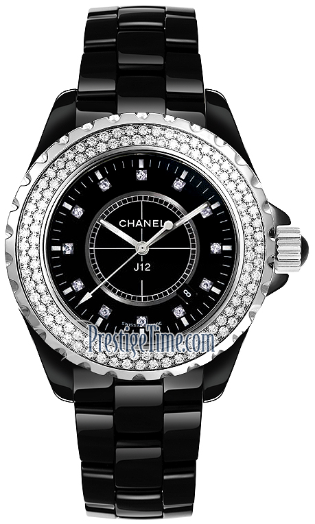 Chanel J12 White & Black Classic Two Row Diamond & Diamond Index - H2103