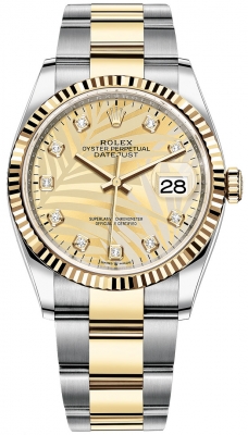Rolex Datejust 36mm Stainless Steel and Yellow Gold 126233 Golden Palm Diamond Oyster