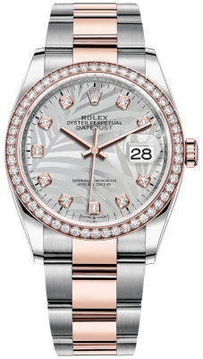 Rolex Datejust 36mm Stainless Steel and Rose Gold 126281rbr Silver Palm Diamond Oyster