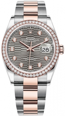 Rolex Datejust 36mm Stainless Steel and Rose Gold 126281rbr Slate Fluted Diamond Oyster