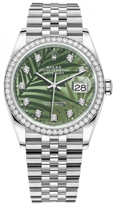 Rolex Datejust 36mm Stainless Steel 126284rbr Olive Green Palm Diamond Jubilee