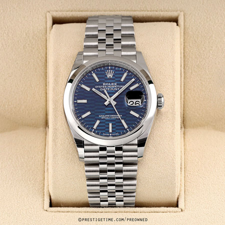 Pre-owned Rolex Datejust 36mm Bright Blue Fluted Motif 126200 Jubilee Bracelet