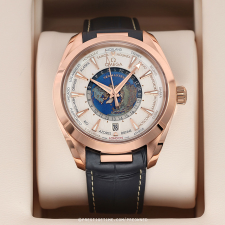 Pre-owned Omega Aqua Terra 150M GMT Worldtimer Sedna Gold 43mm 220.53.43.22.02.001