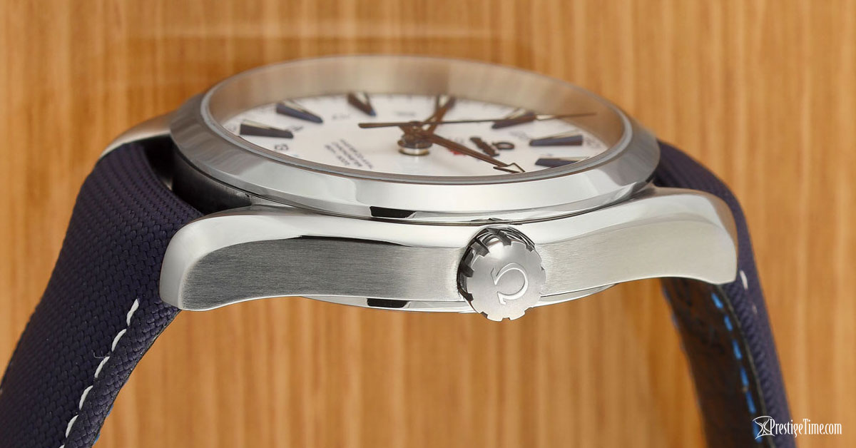 Omega Aqua Terra 150m GMT Dual Time Crown and profile